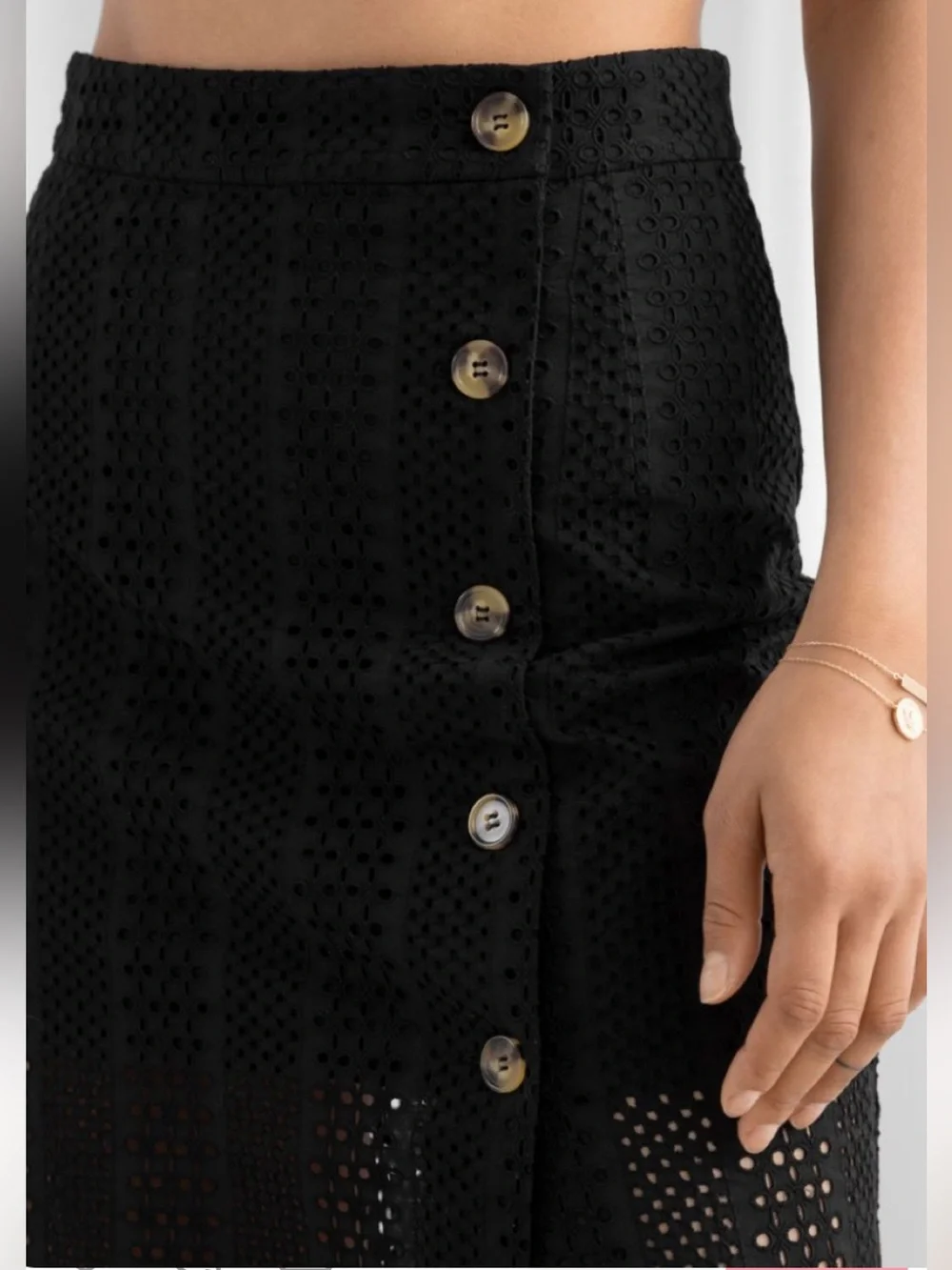 & Other Stories Leilani Black Eyelet Button-Front Midi Skirt Size 6 NWT